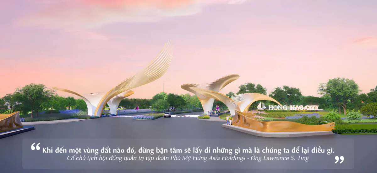 Cổng chào dự án Hồng Hạc City được thiết kế như những cánh chim Hồng Hạc chào đón cư dân trở về nhà sau một ngày làm việc. 