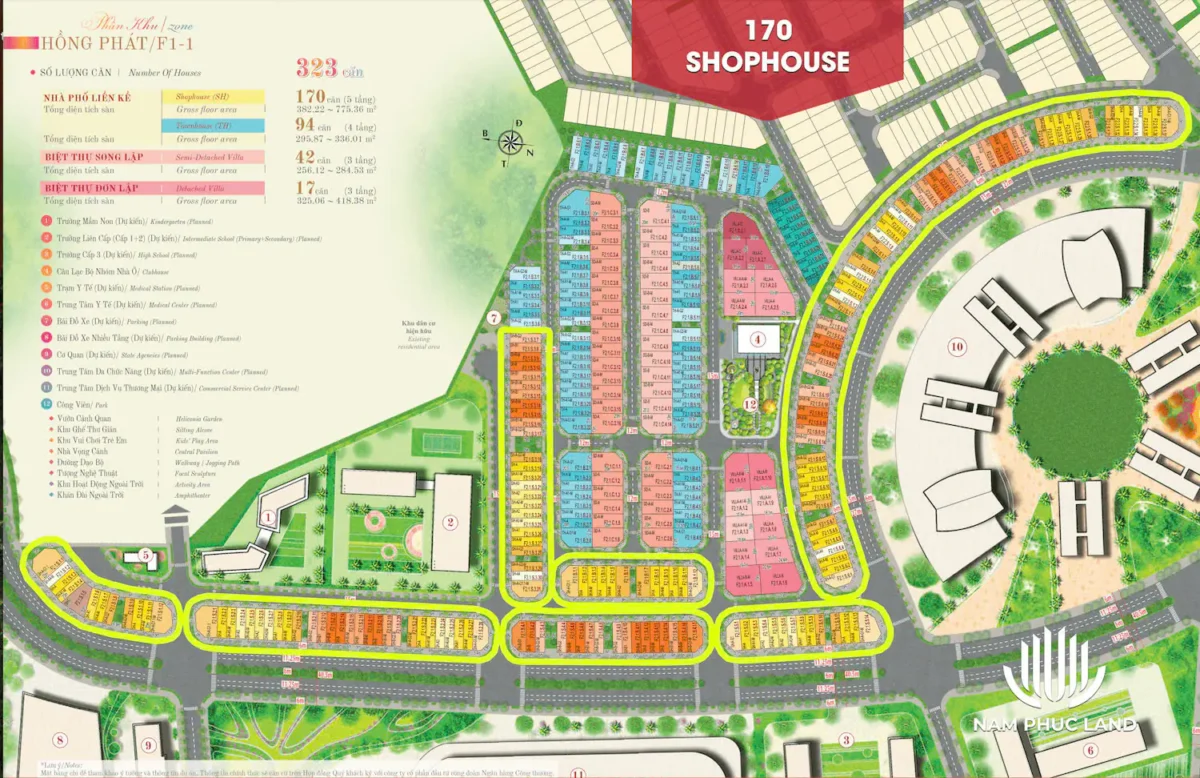 Vị trí 170 căn shophouse diện tích 6x20, 8x20, căn góc 3 mặt tiền